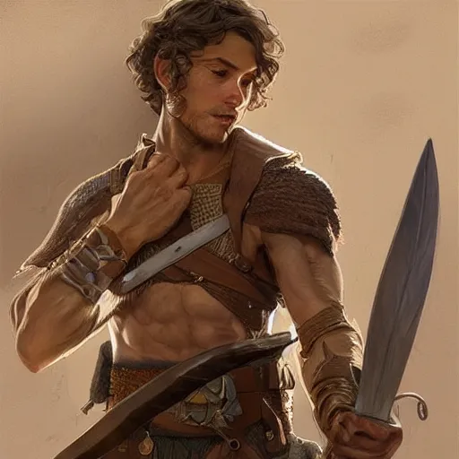 Image similar to portrait of a young rugged ranger holding his longsword up, hands, muscular, upper body, D&D, fantasy, intricate, elegant, highly detailed, digital painting, artstation, concept art, smooth, sharp focus, illustration, art by Artgerm and Greg Rutkowski and Alphonse Mucha