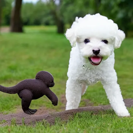 Image similar to bichon puppy playing with a baby platypus
