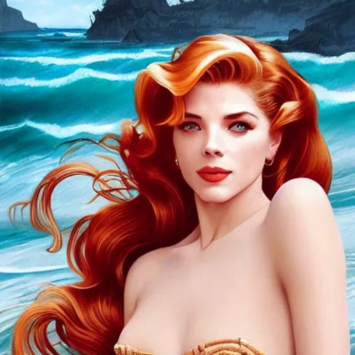 Image similar to A combination of Grace Kelly's and Katheryn Winnick's and Ashley Greene's faces with red hair as a mermaid half submerged on the beach, western, fantasy, intricate, elegant, highly detailed, digital painting, artstation, concept art, matte, sharp focus, illustration, art by Artgerm and Greg Rutkowski and Alphonse Mucha