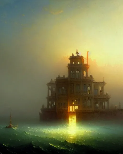 Image similar to unfinished building by ivan aivazovsky, steampunk poppy retro atlantis futuristic water biopunk gem cosmic, archdaily, wallpaper, highly detailed, trending on artstation.