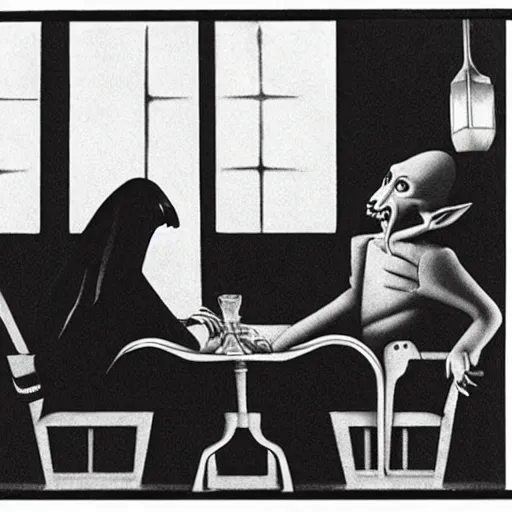 Image similar to Nosferatu and Elvis sitting down at a restaurant, Chris Van Allsburg