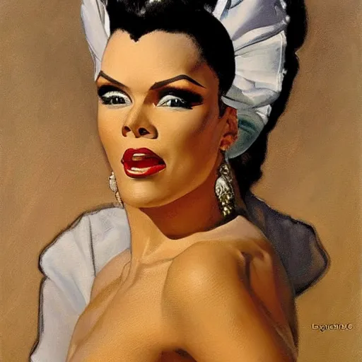 Image similar to oil painting by j.c. Leyendecker of rupaul 8k, high definition, high detail,