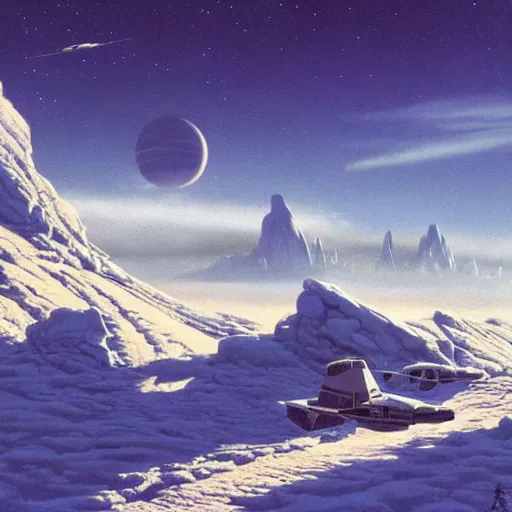 Image similar to Frozen frontiers on an alien planet, floating mountains above clouds in the background, vanishing perspective of a road, ravine, Syd Mead, John Harris, Federico Pelat,