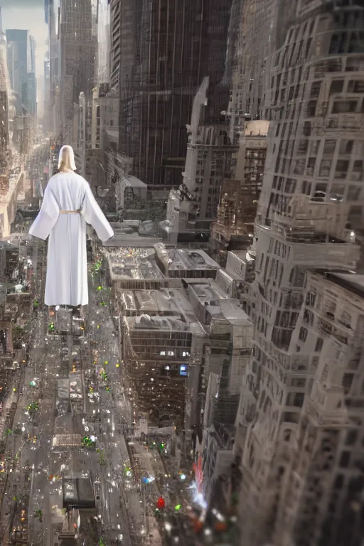 Image similar to jesus christ wearing a white robe with robotic arms and robotic legs walks in downtown new york in the future, intricate, hyper detailed, accent lighting, dramatic light, 4 k octane render