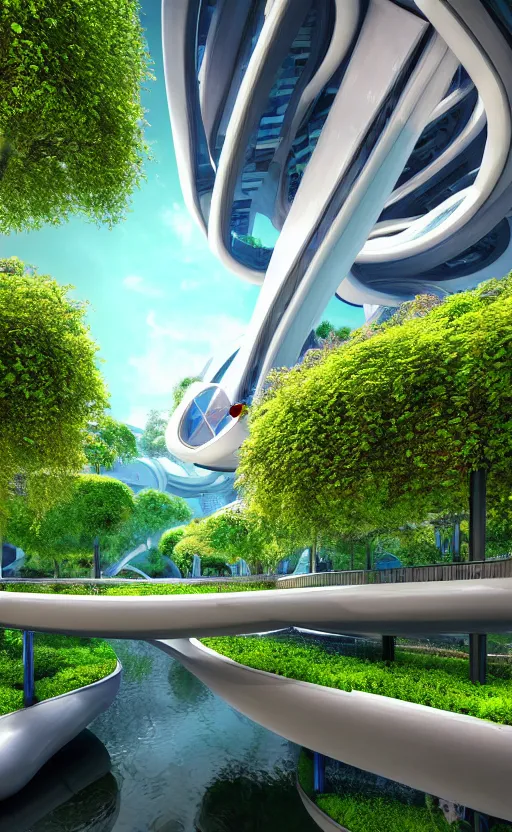 Prompt: biophilic futuristic scifi suspended city gardens architectural landscape, fluidity, colorful flowers, porcelain, beautiful morning light, canal bridge paths pedestrian cafes, interior, water, metallic, grass, trees, modular buildings, vincent callebaut composition, high detailed, ultra sharp, 1 5 0 mm, 8 k, unreal engine, hdr