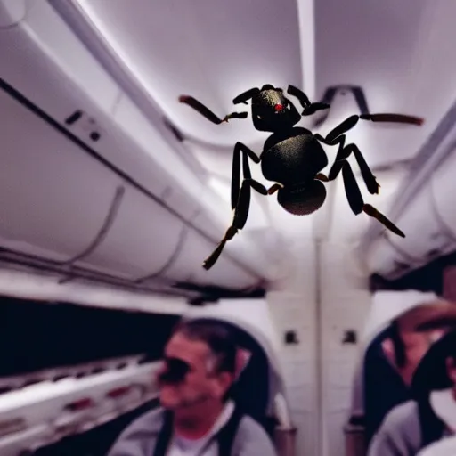 Image similar to an ant wearing an astronaut helmet on an airplane