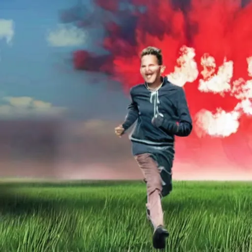 Image similar to cctv footage of a man running across a field, in the background is a large explosion, highly detailed, very realistic.