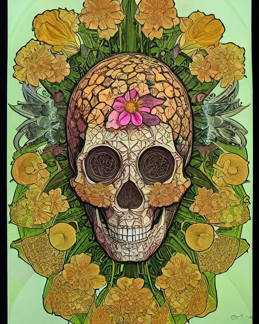 Prompt: centered Carved ancient skull with pineapple leaves growing out of the top art surrounded by varities of flowers, cell shading, voronoi, fibonacci sequence, sacred geometry by Alphonse Mucha, Moebius, hiroshi yoshida, Art Nouveau, colorful, ultradetailed, vivid colour, 3d