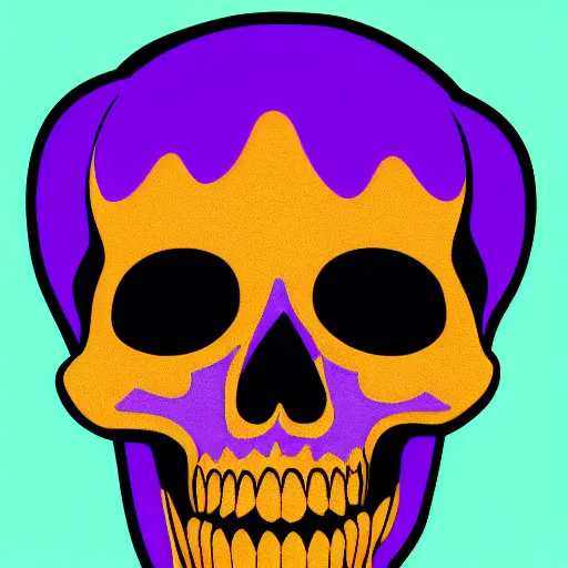 Prompt: an iconic illustration of a full skull with purple diamond teeth