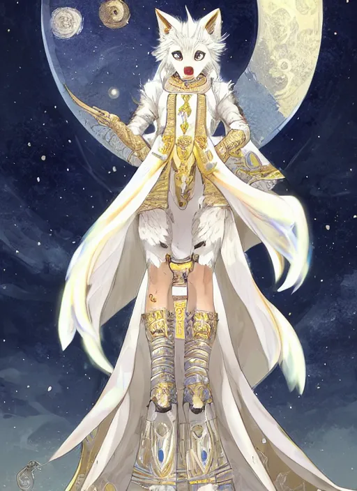 Image similar to commissioned full body portrait of a female anthro wolf princess fursona with white hair wearing a white and gold Japanese armored dress in a white and gold palace on a starry night with a large crescent moon, by a professional manga illustrator, Stanley Artgerm Lau, WLOP, Rossdraws, James Jean, Andrei Riabovitchev, Marc Simonetti, and Sakimichan, trending on artstation