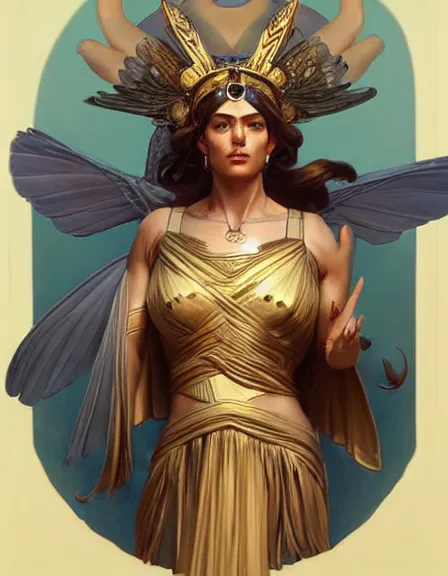Image similar to athena goddess of wisdom, love, strength, knowledge, portrait, symmetrical, highly detailed, digital painting, artstation, concept art, smooth, sharp focus, illustration, cinematic lighting, strength, art by artgerm and greg rutkowski and alphonse mucha and louis theophile hingre
