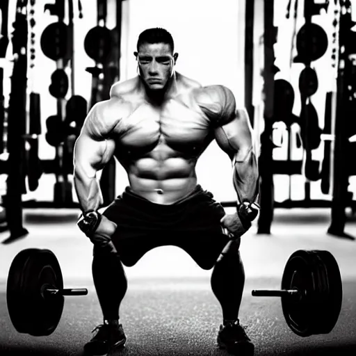 Image similar to black & white epic!!! photograph of a muscular minion in the gym, motivational poster, highly detailed, cinematic lighting, photo, award - winning photograph, professional photograph, dramatic posing, 8 k quality