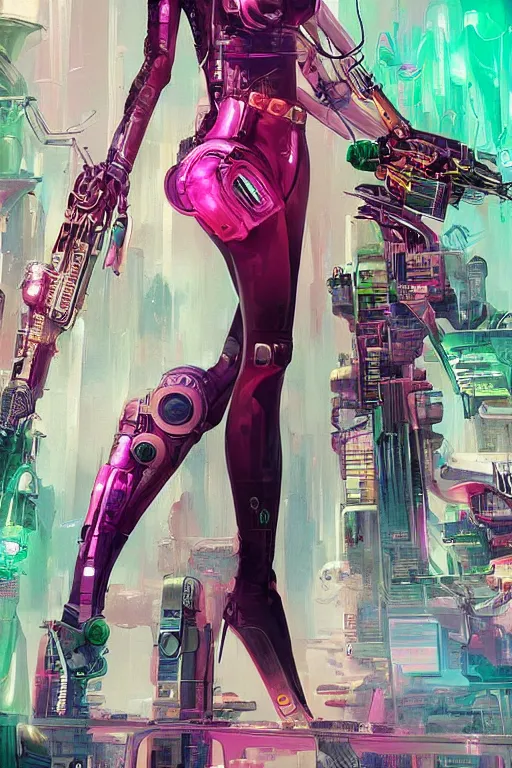 Image similar to attractive female android in feminine pose on a hyper-maximalist overdetailed retrofuturist scifi bookcover illustration from '70s. Inspired by shadowrun darkscifi utopia.. Biopunk, solarpunk style. Daytime. Made by echo chernik. Artstation.