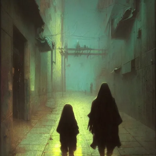 Image similar to dark alley full of homeless children, somber, by beksinski and jeremy mann and alphonse mucha and stan lee, fantasy art, photo realistic, dynamic lighting, artstation, poster, volumetric lighting, very detailed faces, award winning, full face, symmetry