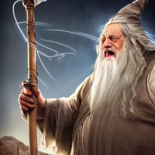 Prompt: obese Gandalf wearing a headset yelling at his monitor while playing WoW highly detailed wide angle lens 10:9 aspect ration award winning photography by David Lynch esoteric erasure head
