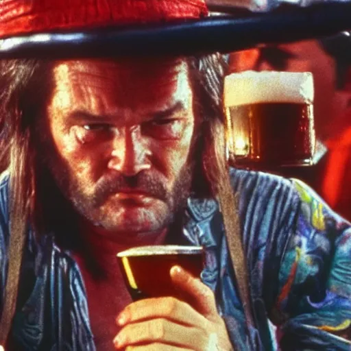 Image similar to Big trouble in little China, Jack Burton drinking beer, Chinatown bar, amazing shot, colorized, 1987