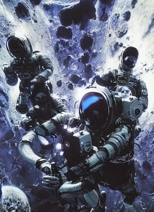 Image similar to astronauts in dark and empty void underwater - complex and hyperdetailed technical suit. reflection and dispersion materials. rays and dispersion of light. volumetric light. 5 0 mm, f / 3 2. noise film photo. flash photography. ultra realistic, wide angle. poster by wayne barlowe, hajime sorayama aaron horkey, craig mullins