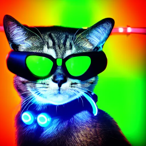 Prompt: cybernetic cat wearing sunglasses, neon, LEDs, stylized