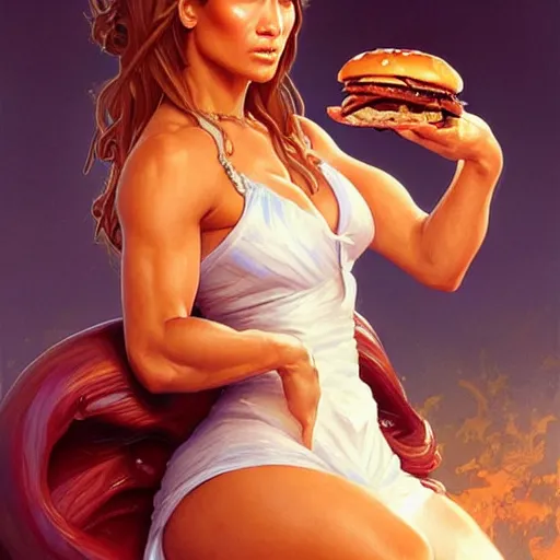 Prompt: Jennifer Lopez Eating Big Macs, dripping BBQ Sauce, serving burgers, D&D, fantasy, intricate, elegant, highly detailed, digital painting, artstation, concept art, matte, sharp focus, illustration, hearthstone, art by Artgerm and Greg Rutkowski and Alphonse Mucha