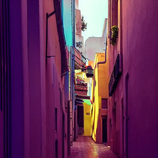 Prompt: a dreamy alley in monaco with chill and neon colour gradiant, 8 0 s colour scheme, cyberpunk