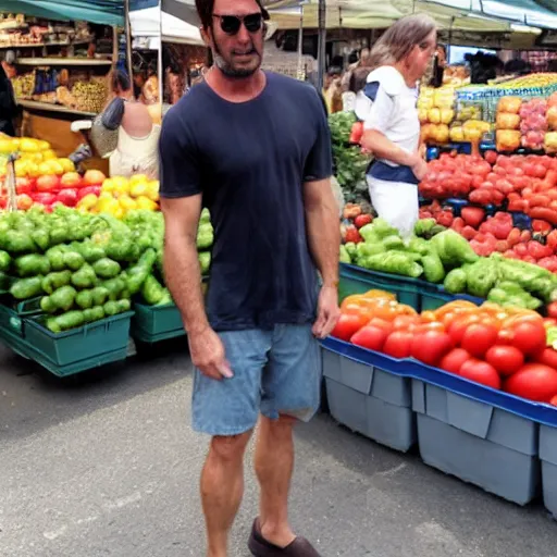 Prompt: wolverine wearing crocs while shopping for tomatoes at a farmers market,