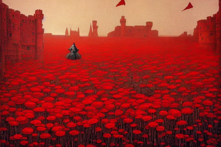 Image similar to only with red, red flowers of different types, a red tiger, a castle in the background, medieval demons dance over the flowers, an ancient path, in the style of beksinski, part by hopper, part by rodcenko, part by hofbauer, intricate composition, red by caravaggio, insanely quality, highly detailed, masterpiece, red light, artstation