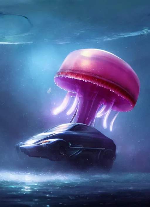 Image similar to jellyfish alien vehicle, sparks, ultra realistic, underwater, cinematic lighting, highly detailed, sharp focus, artstation, masterpiece, art by greg rutkowski