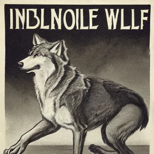 Image similar to 1890s advertisement featuring an anthropomorphic wolf