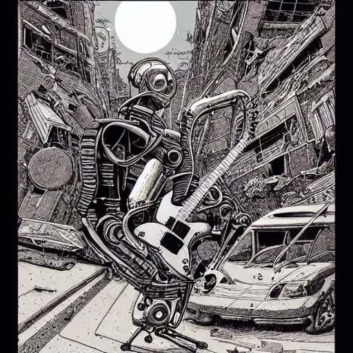 Prompt: illustration of a death robot playing guitar in a ruined street by kilian eng, katsuhiro otomo and jean giraud moebius, biomechanical