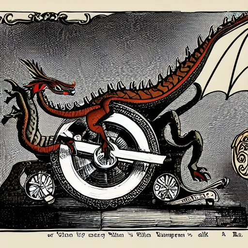 Prompt: a dragon with victorian machine on it's side, book illustration