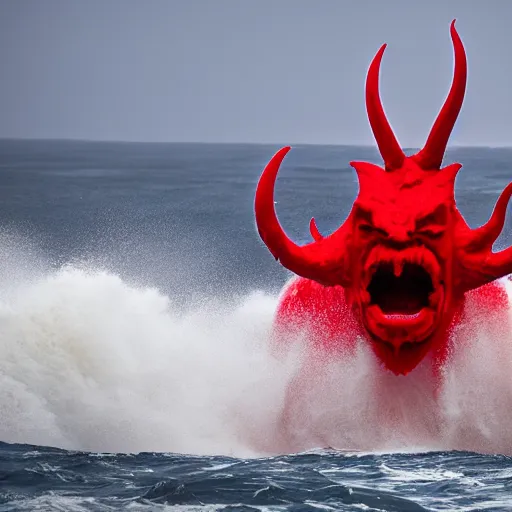 Image similar to a devilish red monster with horns emerging from boiling rough seas, photo by david lachapelle, s - 5 0