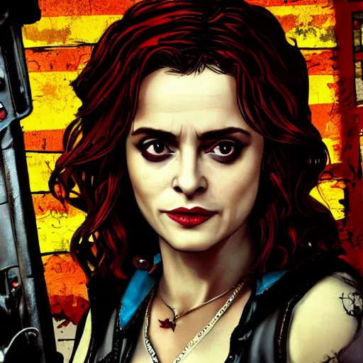 Image similar to helena bonham carter portrait, borderlands, tales from the borderlands, the wolf among us, comic, cinematic lighting, studio quality, 8 k