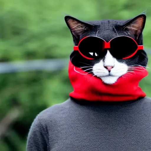 Prompt: a cat wearing a red ski mask beanie over its face with black ski goggles, photorealistic