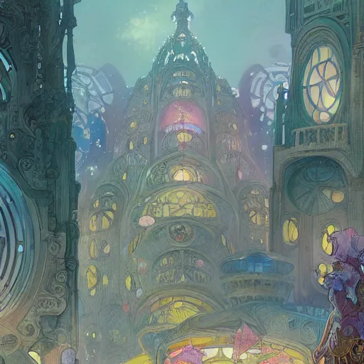 Image similar to a beautiful stunning fantasy whimsical matte digital storybook watercolor painting a cityscape of the underwater city of Atlantis, art nouveau, bubbles splash shells fish details, pastel color palette, by Alphonse Mucha and Tyler Edlin, trending on artstation hq