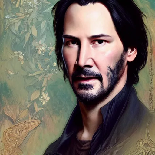 Prompt: portrait of keanu reeves, fantasy, intricate, elegant, highly detailed, digital painting, artstation, concept art, smooth, sharp focus, illustration, art by artgerm and greg rutkowski and alphonse mucha