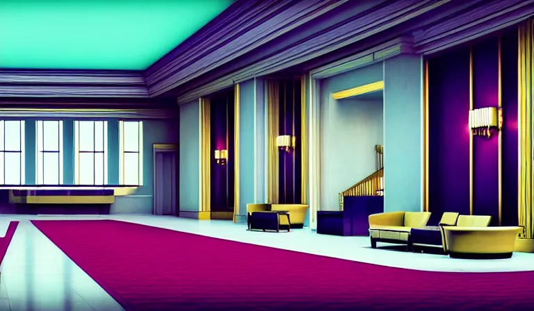 Prompt: a beautiful, sharp focus, clean lines. the interior of a vast 1 9 4 0 s art deco luxury hotel lobby. vaporwave ombre rendering. outrun style. trending on artstation. recommended for you behance. wes anderson colors. by chris moore. by edward hopper. ambient occlusion. digital matte painting. metropolis filmic. gotham city.