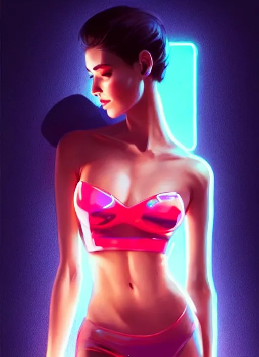 Image similar to glossy tube top, elegant, cyber neon lights, highly detailed, digital illustration, trending in artstation, trending in pinterest, glamor pose, concept art, smooth, sharp focus, art by artgerm and greg rutkowski