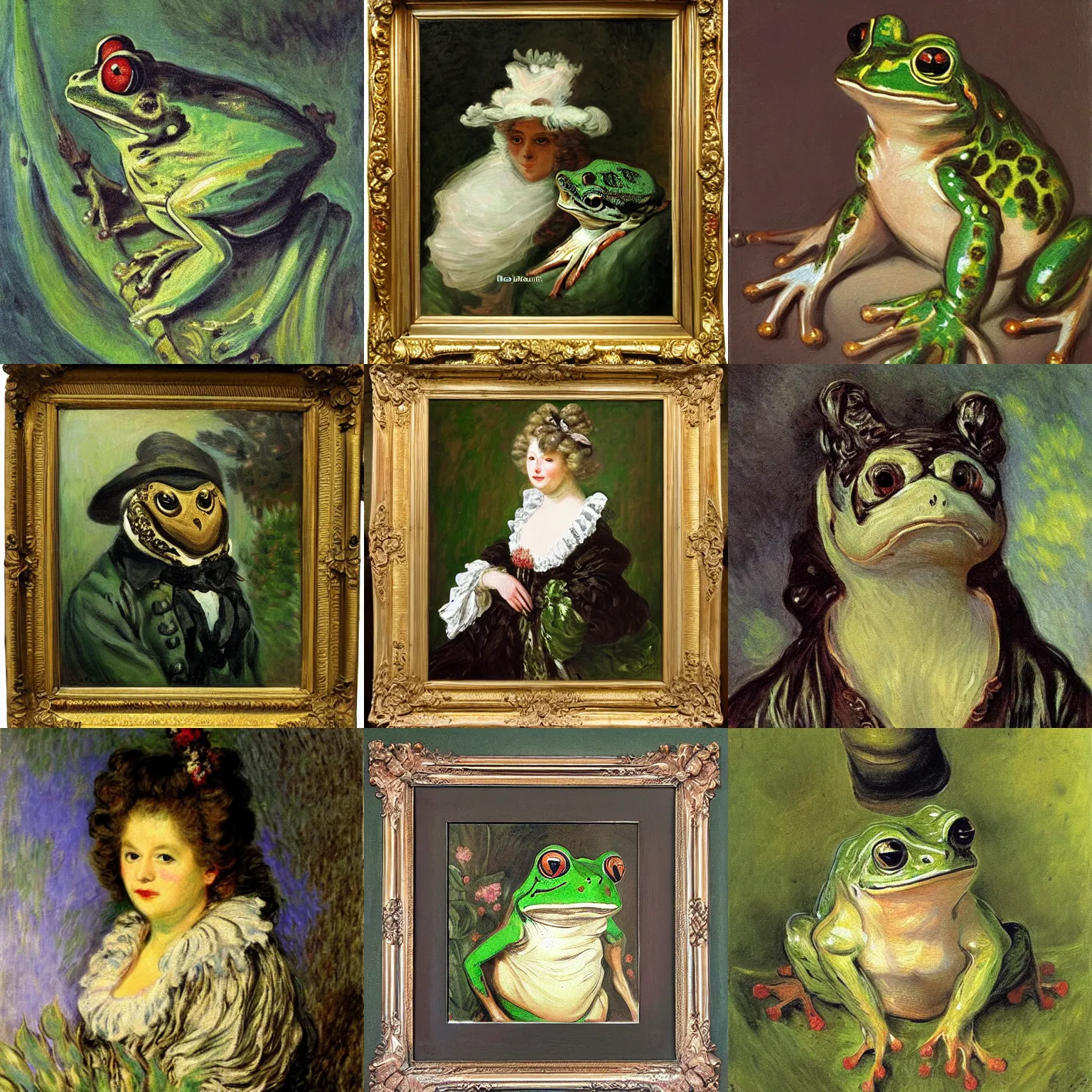 Prompt: portrait rococo painting of frog killer by monet