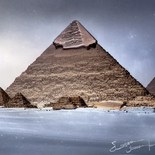 Image similar to photorealistic photograph of the great pyramid of giza in a blizzard by suzi eszterhas, photorealism, photorealistic, realism, real, highly detailed, ultra detailed, detailed, f / 2. 8 l canon ef is lens, canon eos - 1 d mark ii, wildlife photographer of the year, pulitzer prize for photography, 8 k