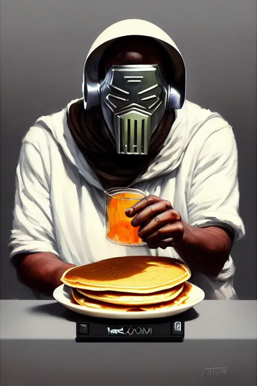 Image similar to mf doom as cooking pancakes animation pixar style, mf doom rapper madvillain, lighting poster by magali villeneuve, artgerm, jeremy lipkin and michael garmash, rob rey and kentaro miura style, trending on art station