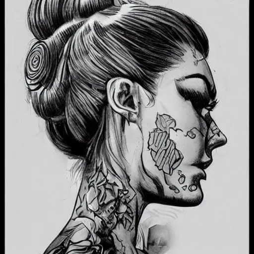 Image similar to a very accurately drawn beautiful portrait of a heavily tattooed woman handing you a beer in Travis Charest style