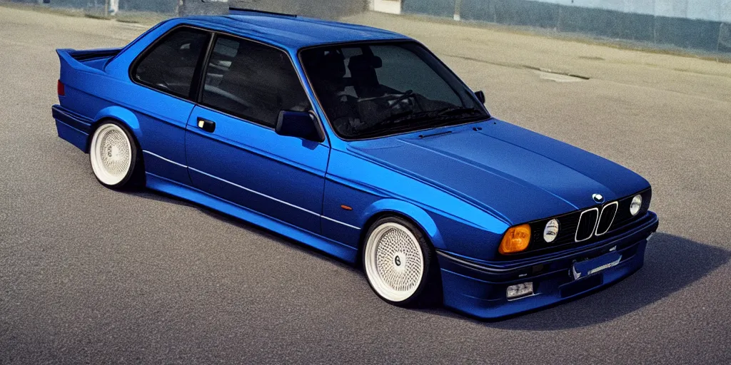 Image similar to bright dark blue BMW e30, hyper realism, depth of view 8k.