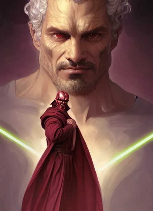 Image similar to Portrait of a man, curly hair, Sith, evil! muscular, robes! night!! intricate, elegant, highly detailed, digital painting, artstation, concept art, smooth, sharp focus, illustration, art by artgerm and greg rutkowski and alphonse mucha