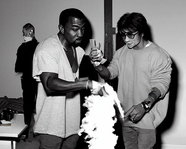 Prompt: Kayne West and Jackie Chan smoking one giant two foot joint, By Rainer Hosch