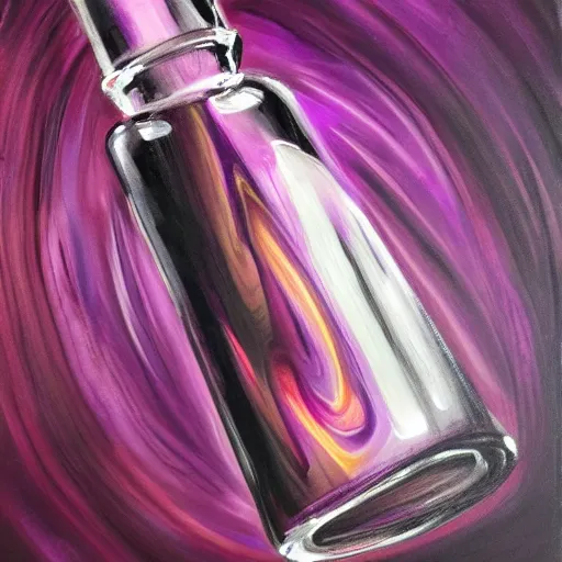 Prompt: thick swirling purple liquid with black glitter in an closed glass vial, high detail, mid shot, realistic, oil painting