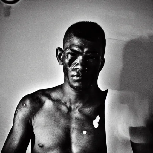 Image similar to close up portrait of boxer after boxing with brews blood sweating, photography photojournalism, very grainy image 120mm lens close up portrait