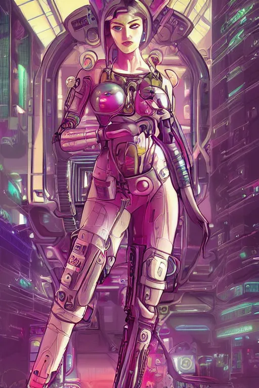 Image similar to attractive female android in feminine pose on a hyper-maximalist overdetailed retrofuturist scifi bookcover illustration from '70s. Inspired by shadowrun darkscifi utopia.. Biopunk, solarpunk style. Daytime