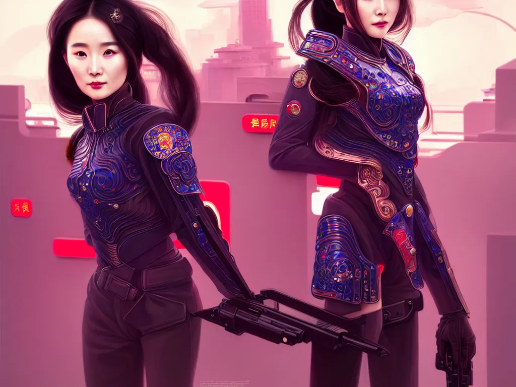 Prompt: portrait yang mi, futuristic china police uniform female, at future neon light rooftop, ssci - fi and fantasy, intricate and very very beautiful and elegant, highly detailed, digital painting, artstation, concept art, smooth and sharp focus, illustration, art by tan zi and ayanamikodon and alphonse mucha and wlop