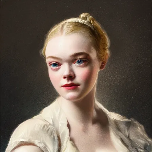Image similar to leyendecker and peter paul rubens, head and shoulders portrait of a elle fanning, nighttime, dark starry sky, candlelit, unreal engine, fantasy art by global illumination, radiant light, detailed and intricate environment