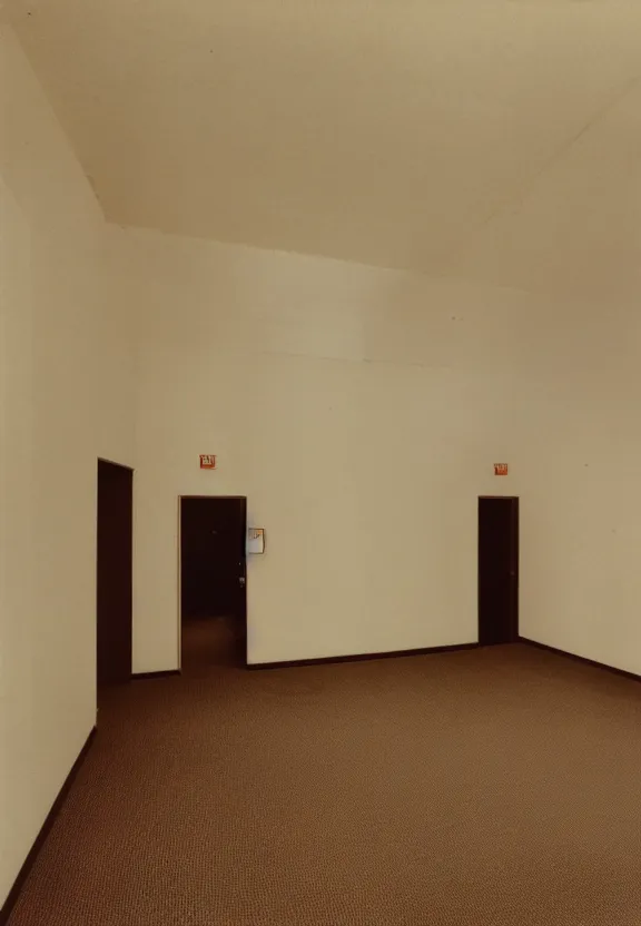 Prompt: a Polaroid photo of an ominous endless space of empty connecting rooms with vanilla colored wallpaper and brown carpet, no windows